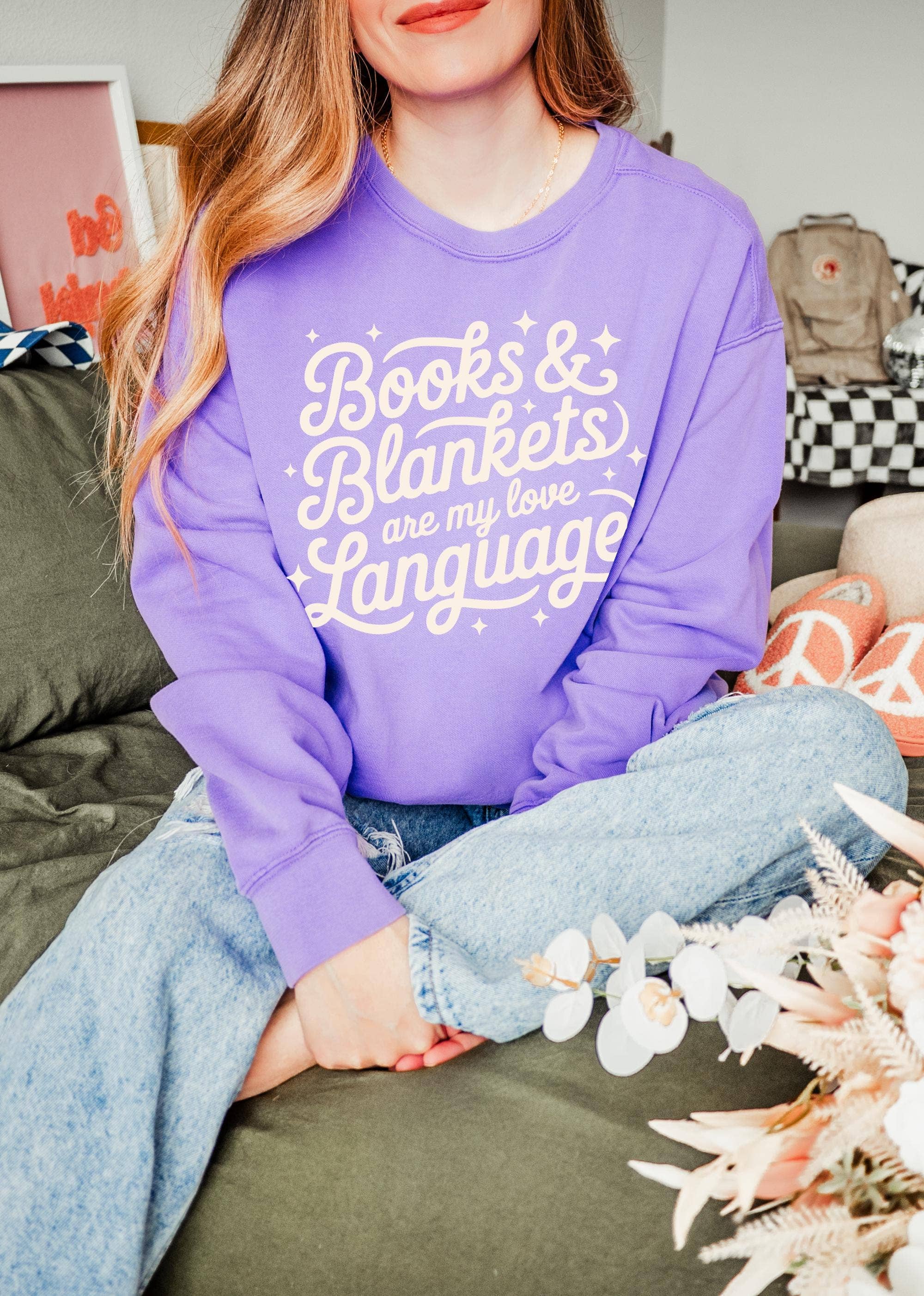 Keen Bee Studio - Wholesale Graphic Sweatshirt - Women's - Books & Blankets Are My Love Language Heavyweight Garment-Dyed Sweatshirt3