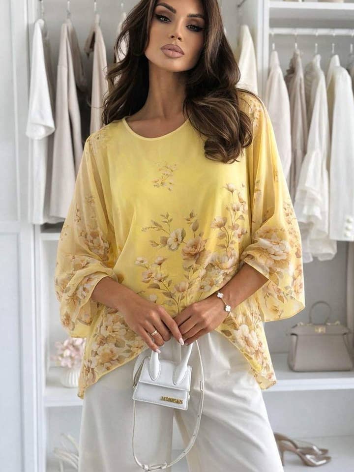 Caitlin Soft Draped Floral Chiffon Blouse Top-Yellow for wholesale by Catwalk Wholesale