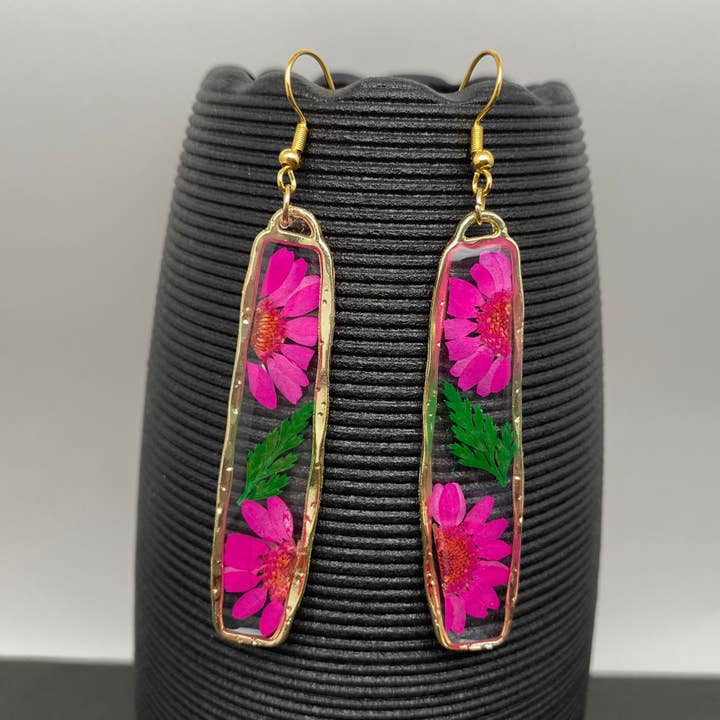 Pressed Dried Flower Long Rectangular Dangle Earrings - PDF for wholesale by Mio Queena