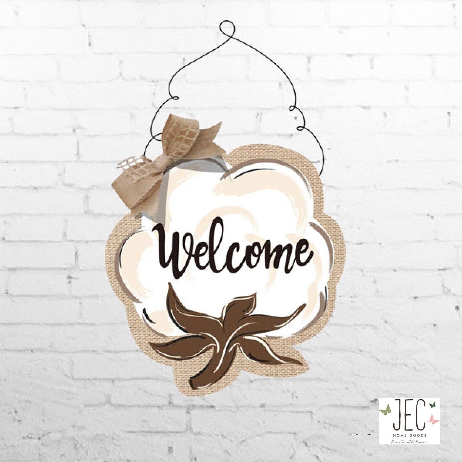 JEC Home Goods Inc - Wholesale Door Hanger - Cotton Boll Welcome Burlap Wall Décor  17.5"x16"1