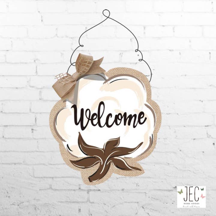 JEC Home Goods Inc - Wholesale Door Hanger - Cotton Boll Welcome Burlap Wall Décor 17.5"x16"1