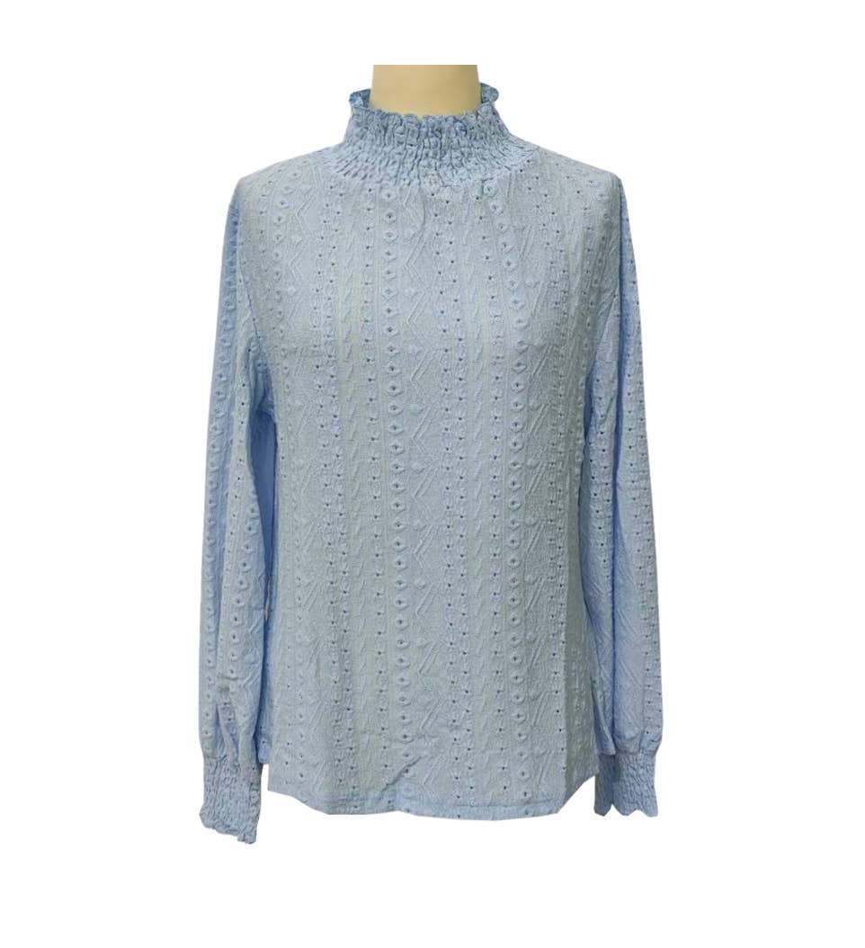 Rosa Clothing - Wholesale Blouse - Women's - Crewneck Cut-Out Jacquard Long-Sleeved Top4