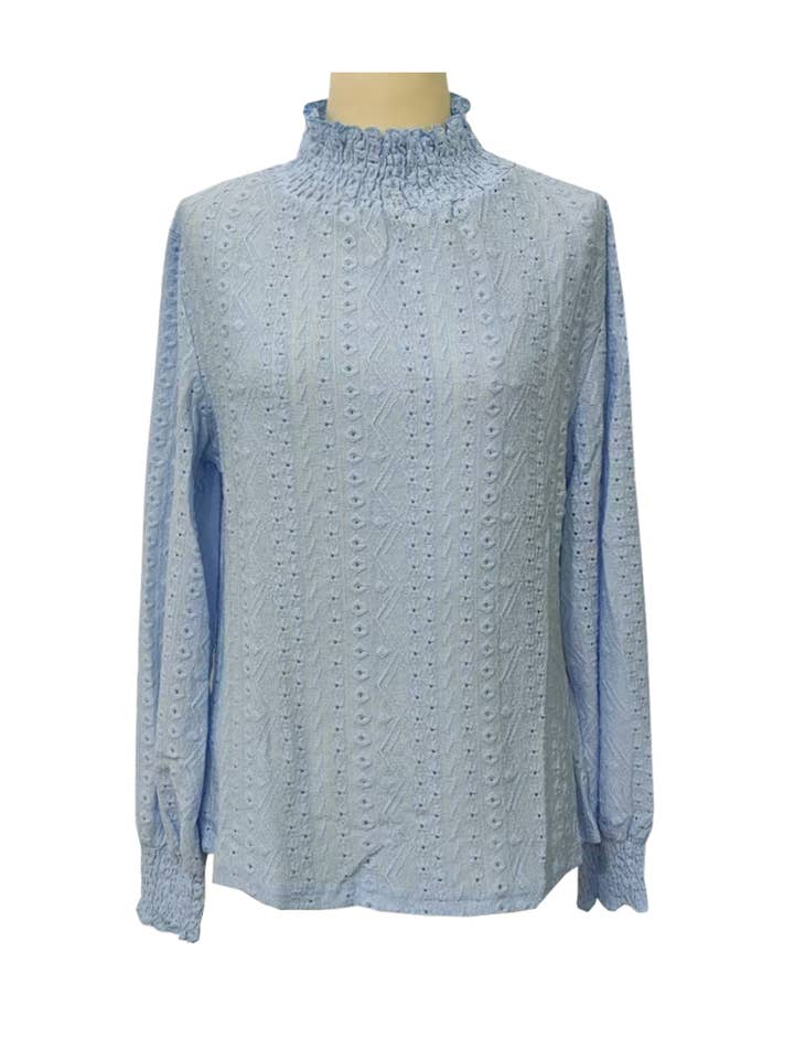 Rosa Clothing - Wholesale Blouse - Women's - Crewneck Cut-Out Jacquard Long-Sleeved Top4