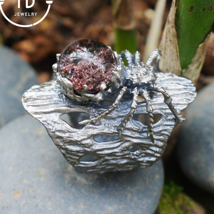 Fantomen Kvarts Spindelring i 925 Silver, Justerbar Gotisk Totem Statement Smycke, Naturlig Sten Gåva för Män och Kvinnor för wholesale av idjewelry