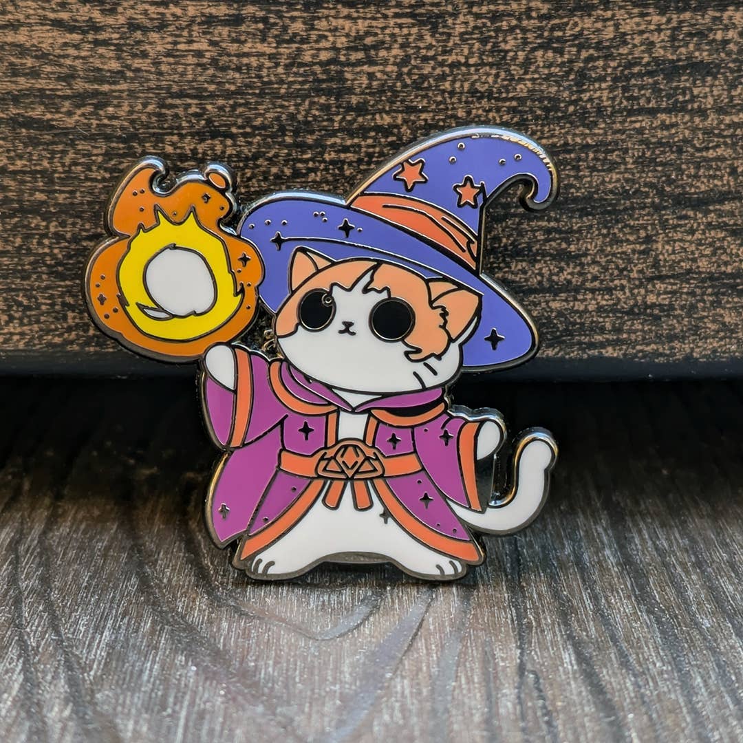 Mimic Gaming Co - Wholesale Lapel Pin/Button - Wizard Cat Casting Fireball Hard Enamel Pin -1.5"