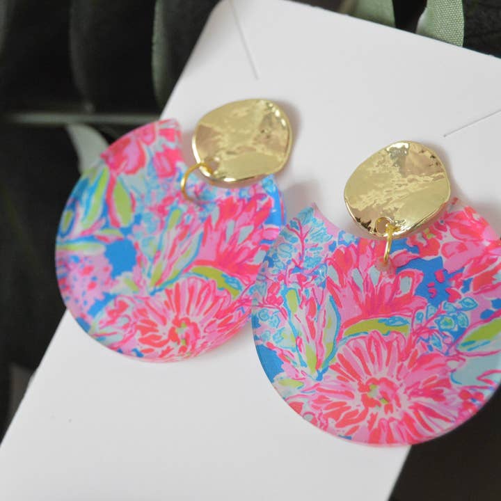 The Adorned Fox - Wholesale Dangle Earrings - Preppy Earrings, Colorful Notched Circle Earrings, Floral Su2