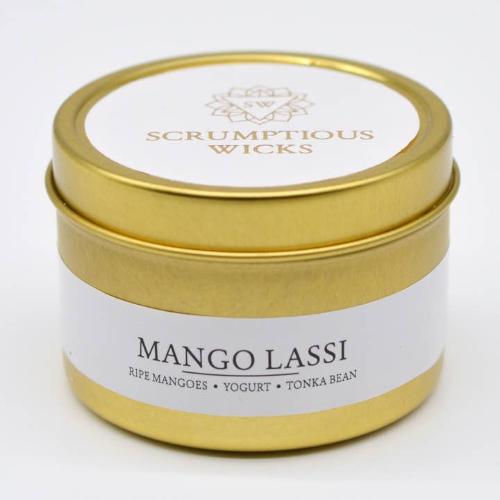 Mango Lassi 3.5oz soy/coconut wax gold tin candle for wholesale by Scrumptious Wicks