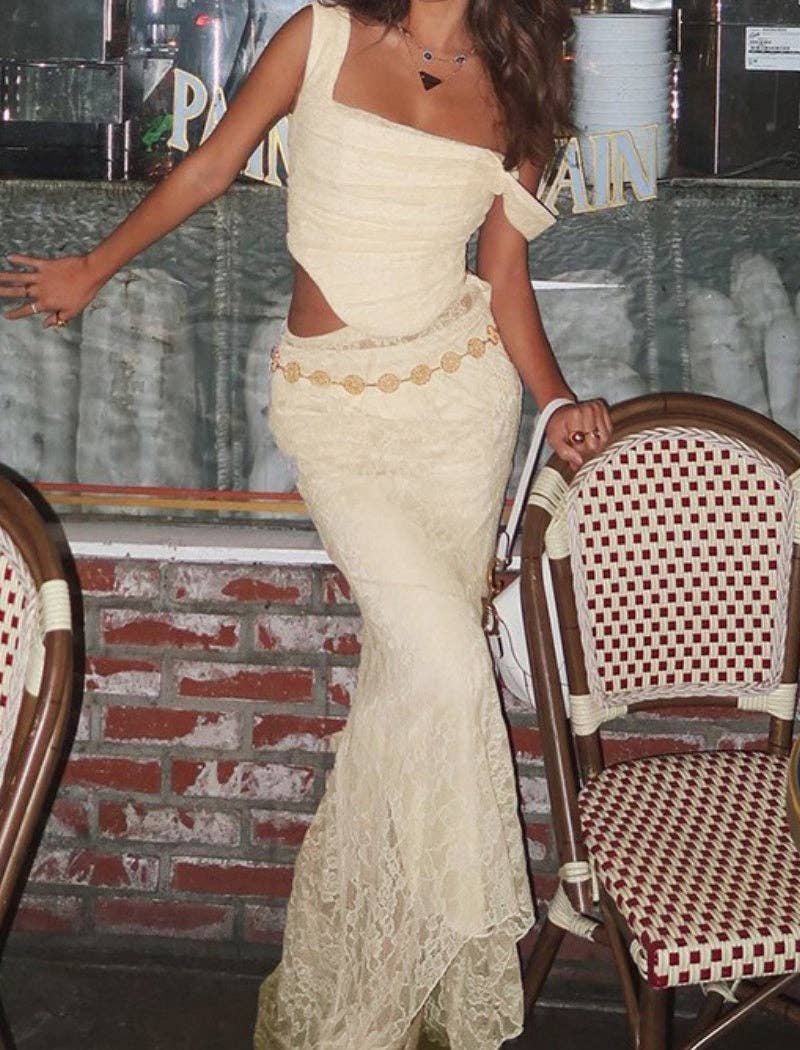 BEIGE Sheer Lace Flare Maxi Skirt for wholesale on Faire3