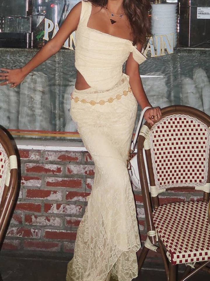 BEIGE Sheer Lace Flare Maxi Skirt for wholesale on Faire3