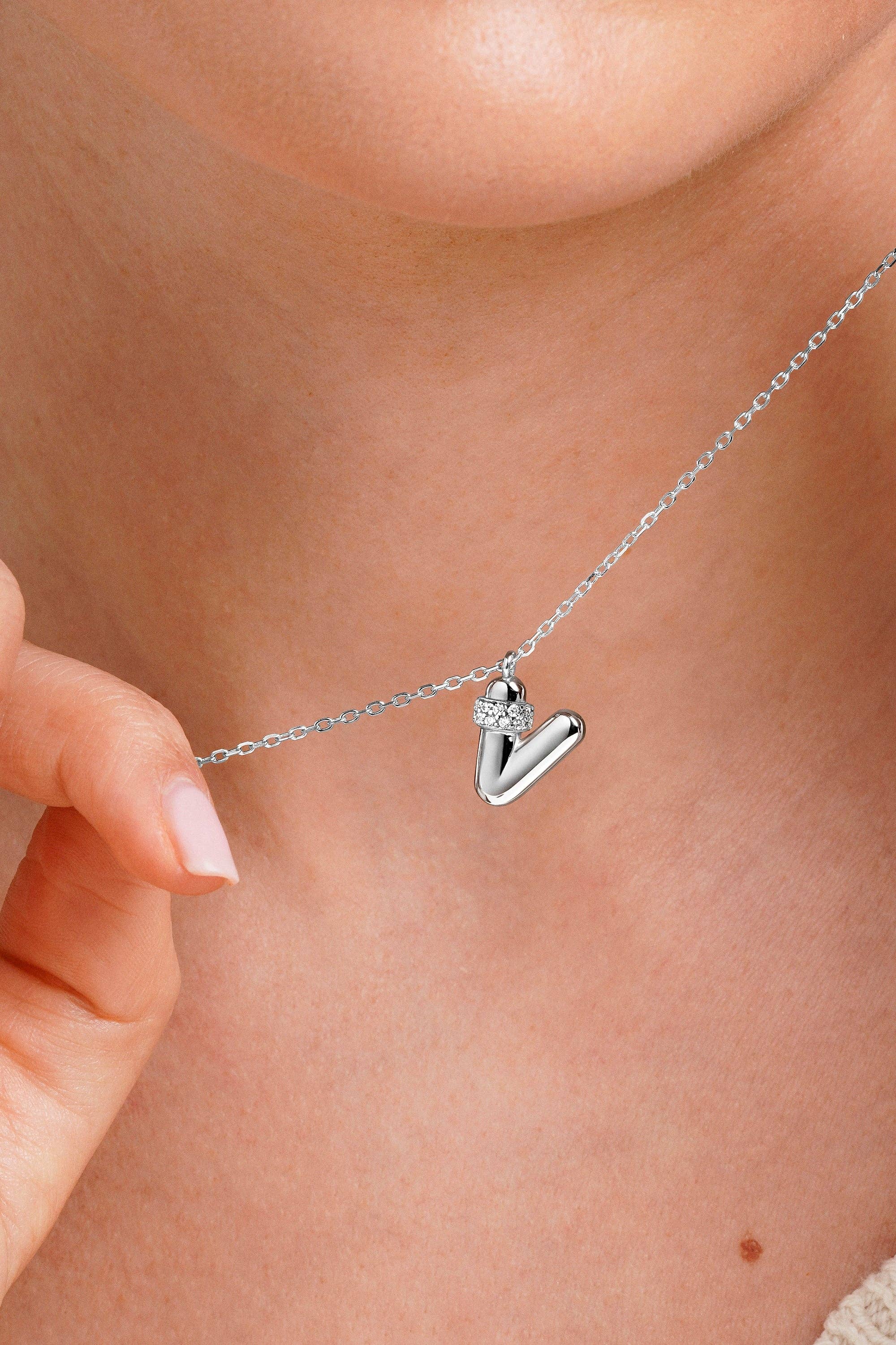 Itemporality - Wholesale Pendant/Charm Necklace - “V” initial necklace with volume, silver and zircon line3