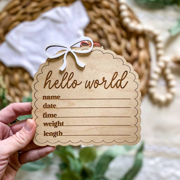 Claire and Bella - Wholesale Milestone Art/Keepsake - Kids & Baby - Hello World Birth Stat Sign - Dainty Bow
