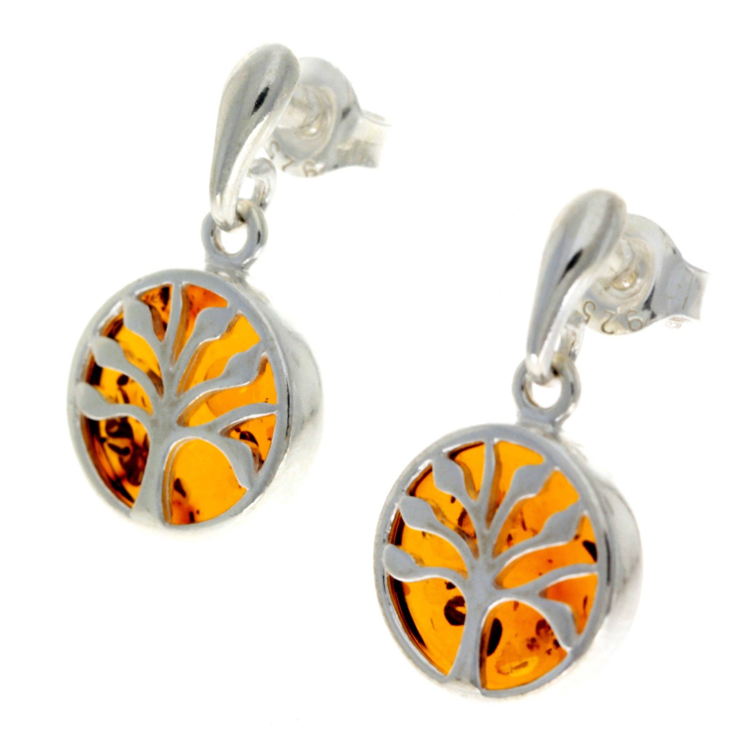 SilverAmber Jewellery – wholesale Dangle earrings – 925 Sterling Silver & Genuine Baltic Amber Tree of Life Drop Studs Earrings - GL10041