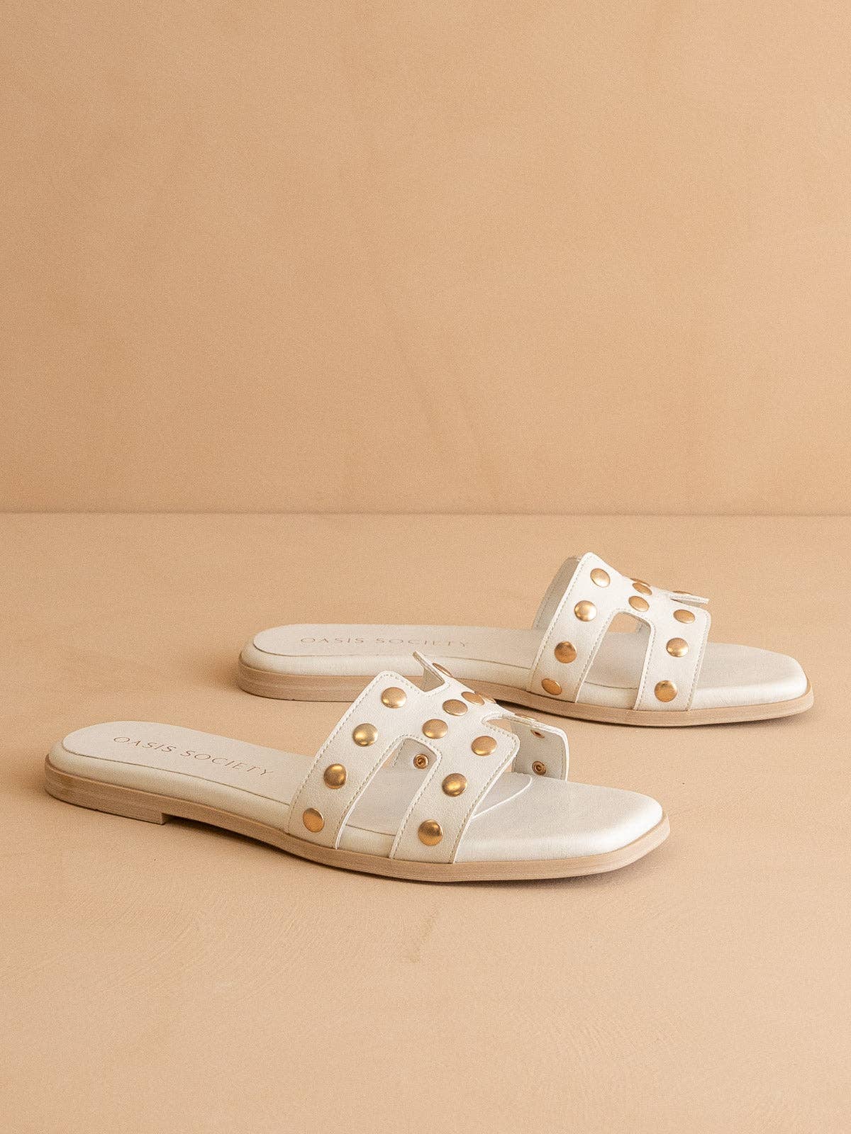 The Evelynne | White Studded H Band Slides for wholesale on Faire3