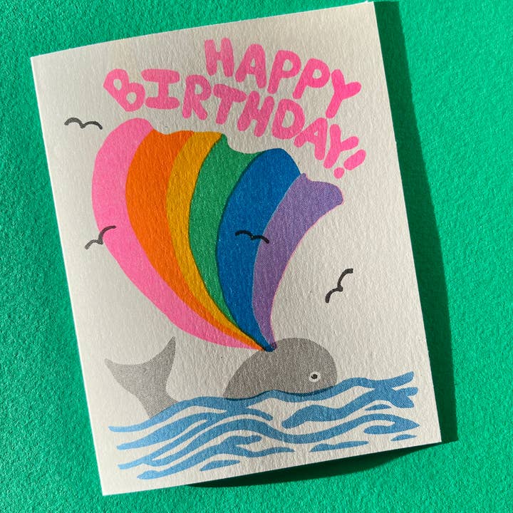 HAPPY BIRTHDAY WHALE RISOGRAPH GREETING CARD for wholesale by Alphabet Studios