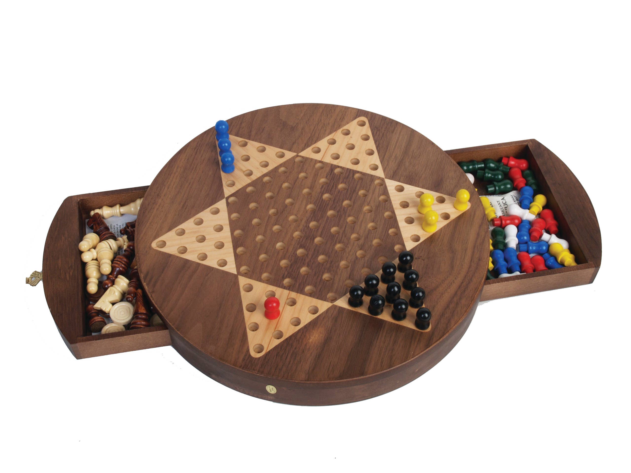 Hansen Game Gift & Toy Company - Wholesale Board Game - Walnut Round 3 in 1- Reversible - Chess and Chinese Checkers0