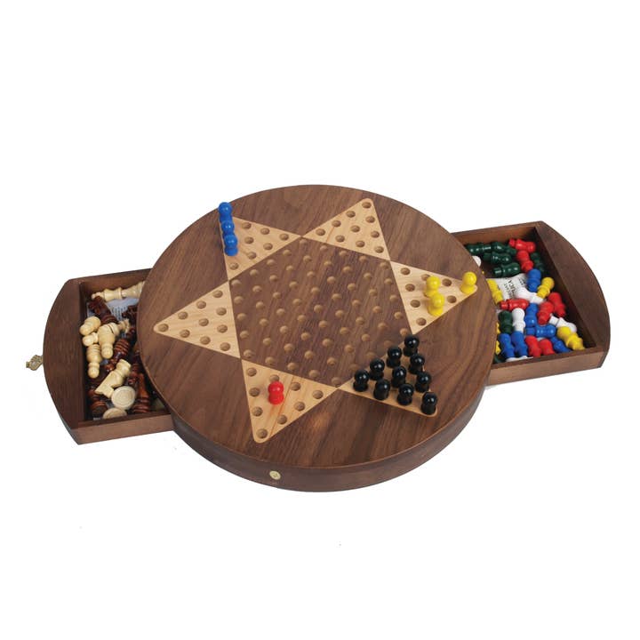Walnut Round 3 in 1- Reversible - Chess and Chinese Checkers for wholesale by Hansen Game Gift & Toy Company