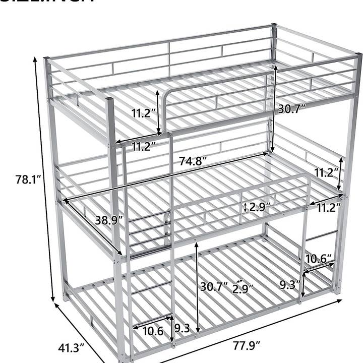Silver Triple Metal Bunk Bed with Detachable Feature for wholesale on Faire