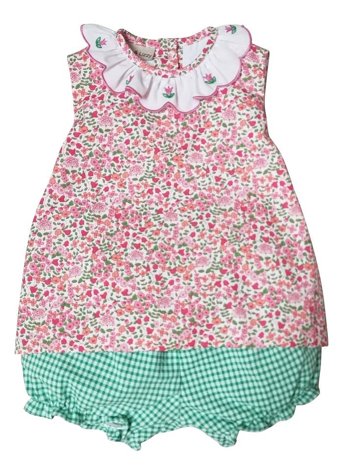 Marco and Lizzy - Wholesale Clothing Set - Baby - Brooke Floral Baby Girl bloomer set, green checks bloomer