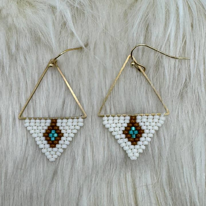 Brown and Teal geometric triangle earrings for wholesale by Chippewa Beadwork