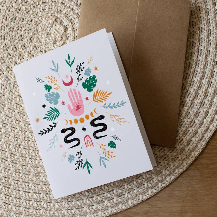 Biglietto di auguri vuoto formato A2 con simboli mistici per la vendita all'ingrosso da parte di Mulberry Moons