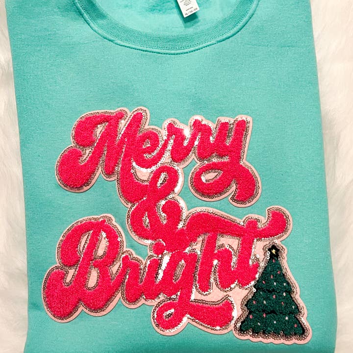 Merry and Bright Chenille Patch Sweatshirt | Christmas Tee for wholesale by Southern Comfort Boutique