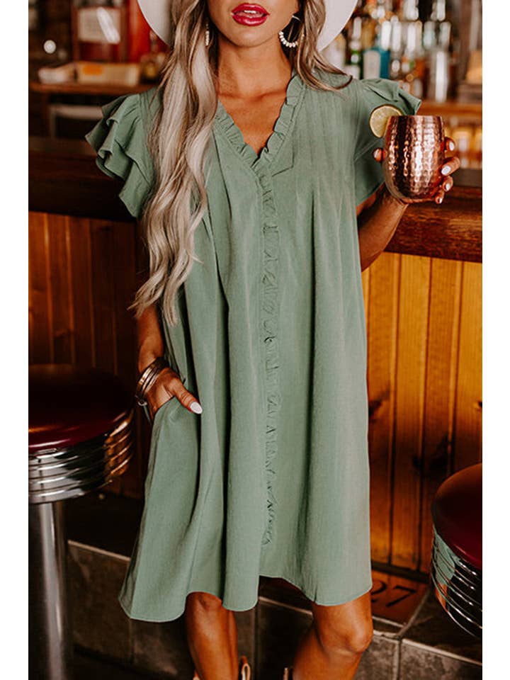 PRETTY BASH - Wholesale Dress - Women's - Ruffle Short Sleeve Buttoned Dress