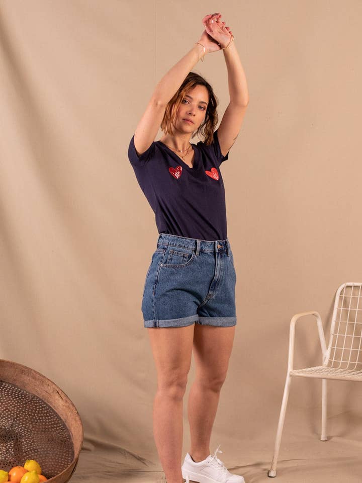 Pantalones cortos de mezclilla de algodón orgánico Dirty Blue para mujer - Adèle para venta al por mayor de Nagev