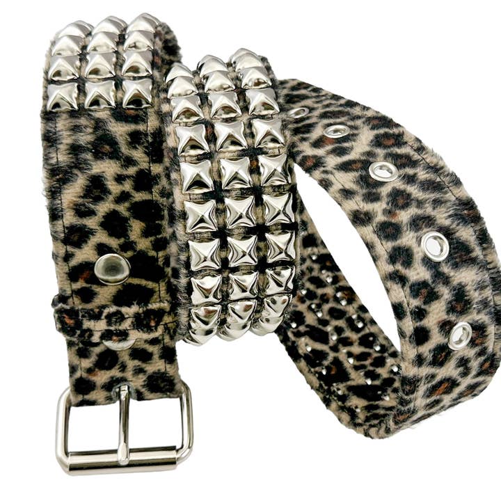 BT104L-LEOPARD FUZZY FABRIC STUDDED BELT for wholesale by Funk Plus