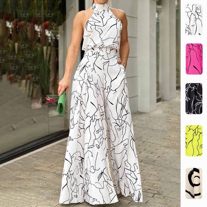 Trendy Floral Print Jumpsuit Stylish Casual High-Waisted Wide-Leg Pants for wholesale by Halcyon Outfitters®