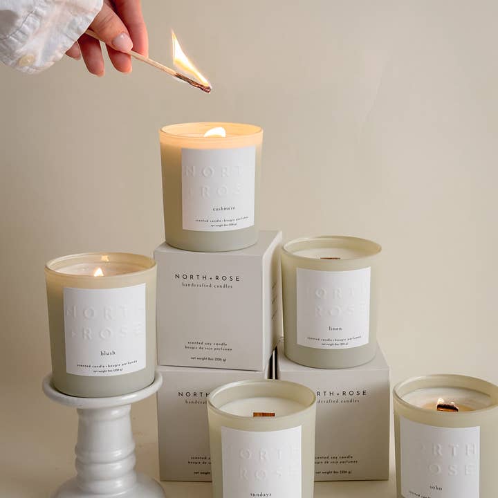 North + Rose - Wholesale Jar/Filled Candle - Blush - 8oz Scented 100% Soy Wax Candle with Wood Wick