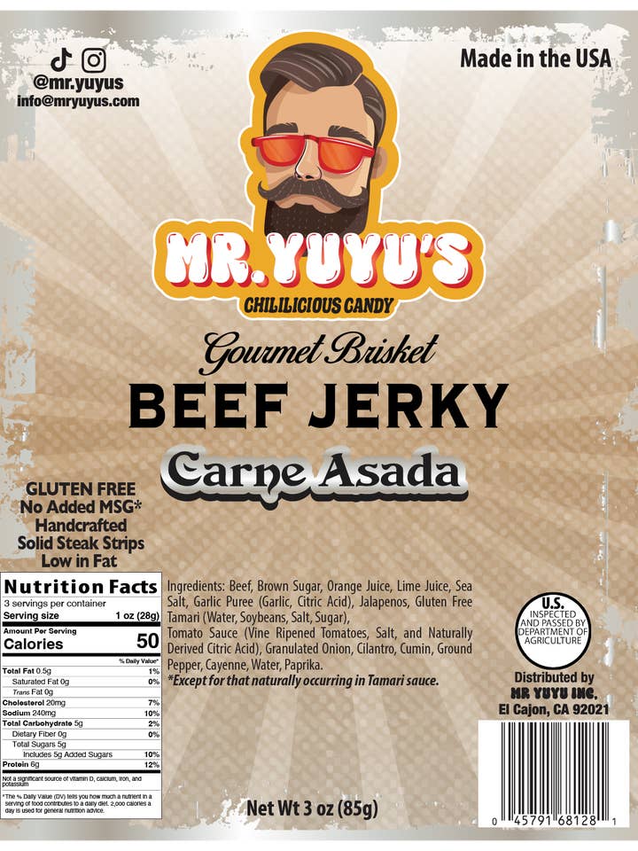 Mr. YuYu's Beef Brisket Carne Asada Jerky 6 count for wholesale by Mr. YuYu's Chililicious Candy