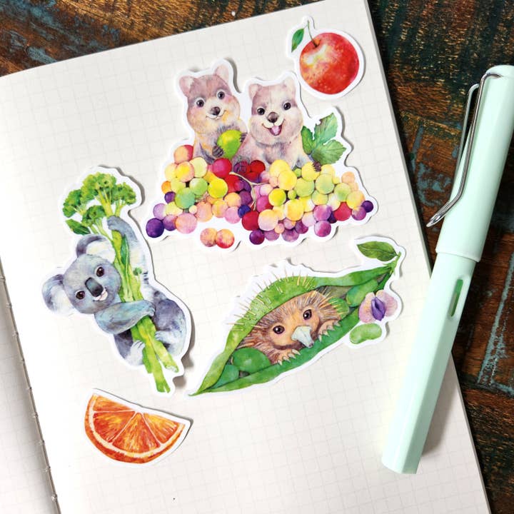 Australian animals and Vegetables vinyl sticker pack for wholesale by Watercolour By Cat
