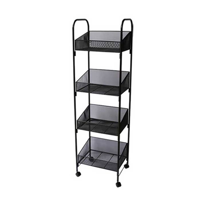 Black Metal Mesh 4 Tier Basket Rolling Shelf - A96B for wholesale by DisplayCanada
