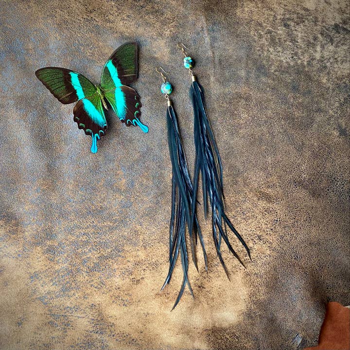 Turquoise & Long Feather Earrings - Black, Boho Western for wholesale by ASTALI