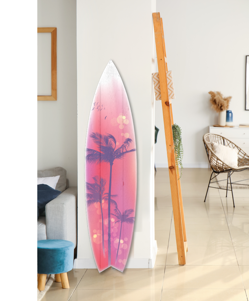 Jarmz Designs – Engroshandel 3D-vægkunst – SURFBRÆT VÆGDEKORATION PALMETRÆ KUNST (LILLA)1