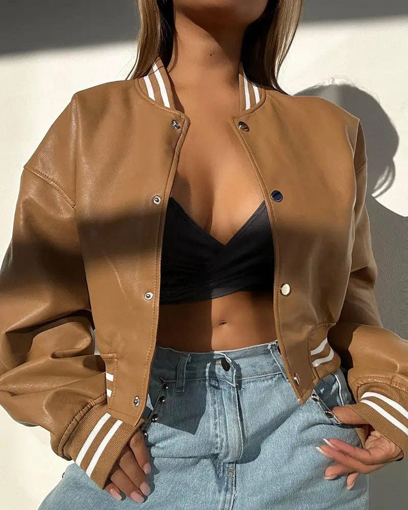 Sweetkama - Wholesale Varsity/Baseball Jacket - Women's -  Ladies Color Block PU Botton Open Jacket 35216