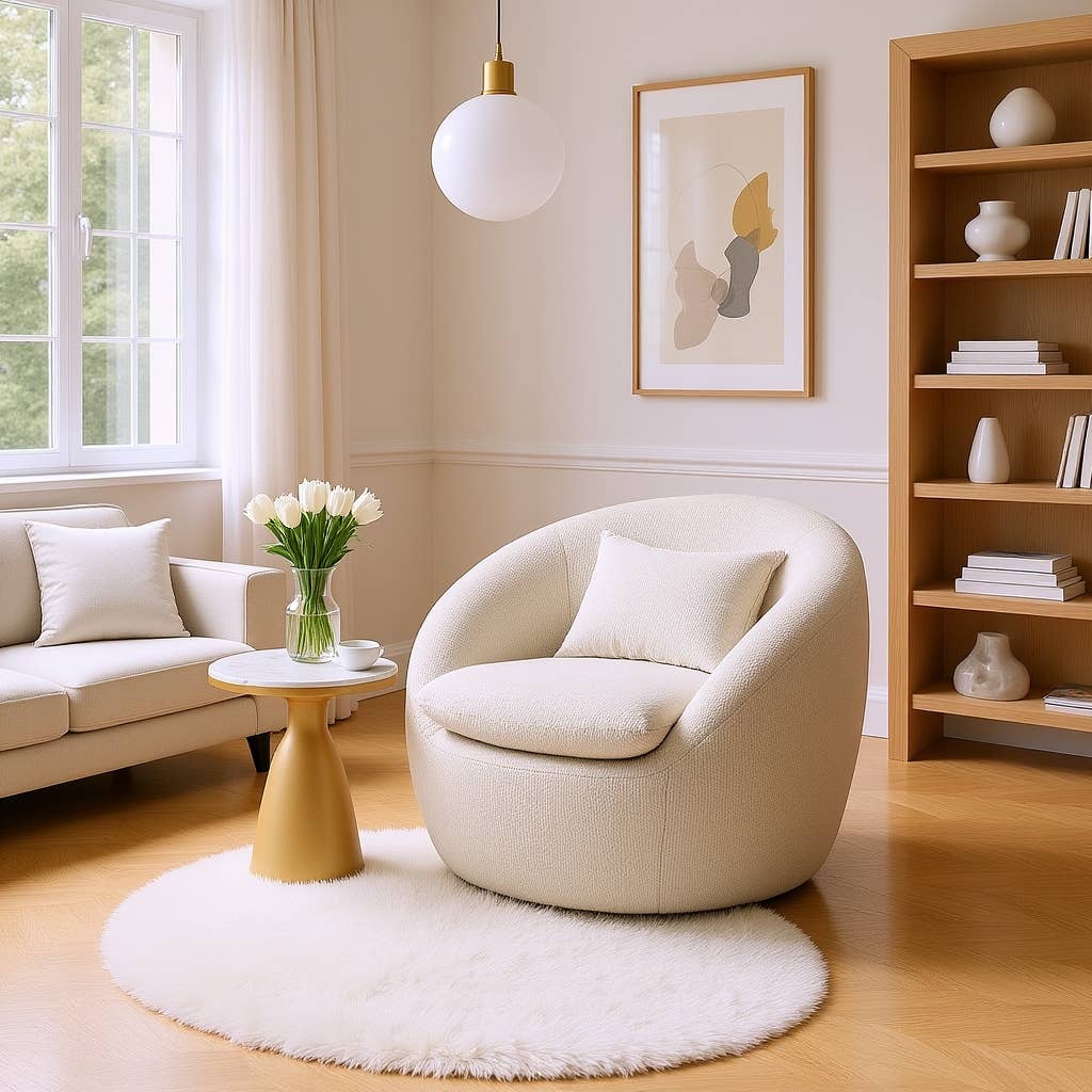 HOMYCASA DESIGN INC - Vente Chaises - Fauteuil tonneau pivotant à 360° en tissu bouclé Winnie Modern Teddy6