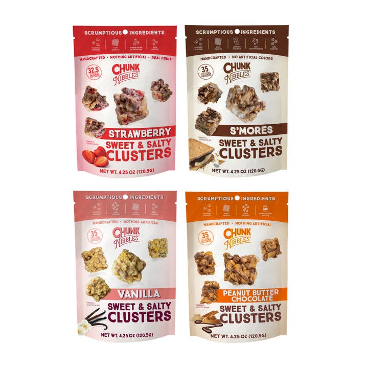 Assortiment de 4 saveurs de morceaux à grignoter en sachet de 120g pour la vente par Chunk Nibbles