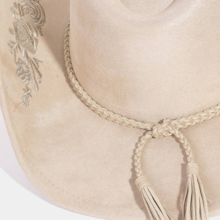 Collections by Fame Accessories - Wholesale Fedora - Women's - Rose Embroidered Braided Band Fedora Cowboy Hat