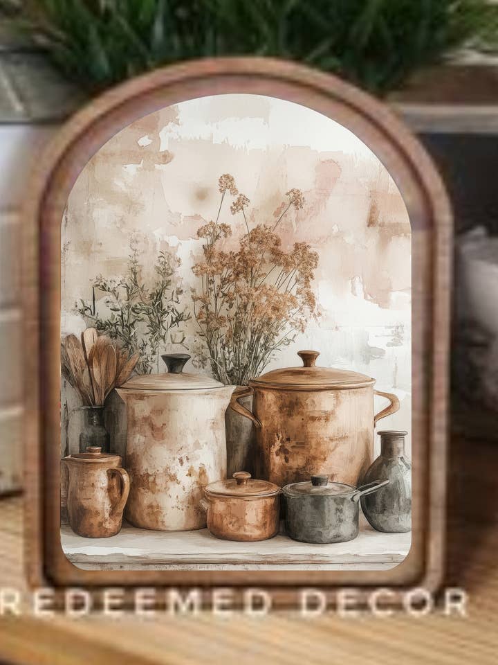 Arch Top Copper Pots Framed Art for wholesale by Redeemed Decor