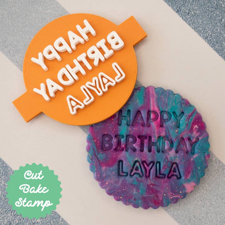 CUSTOM NAME Happy Birthday Cookie Biscuit Embosser Stamp Personalised for wholesale by Cut Bake Stamp