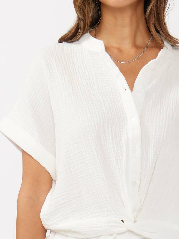 White Dropped Shoulder Knot Front Button-Down Top for wholesale on Faire