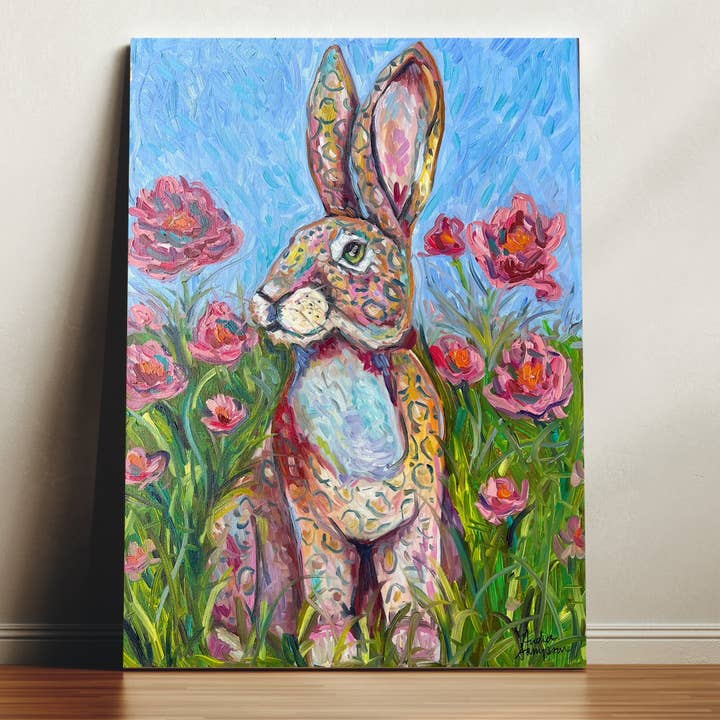 Impression sur toile de lapin léopard - Peinture d'art de lapin floral pour la vente par Audra Style