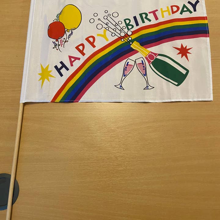 Happy Birthday 18"x12" large hand flag (sold in dozens) for wholesale by Worldwide Flags Ltd