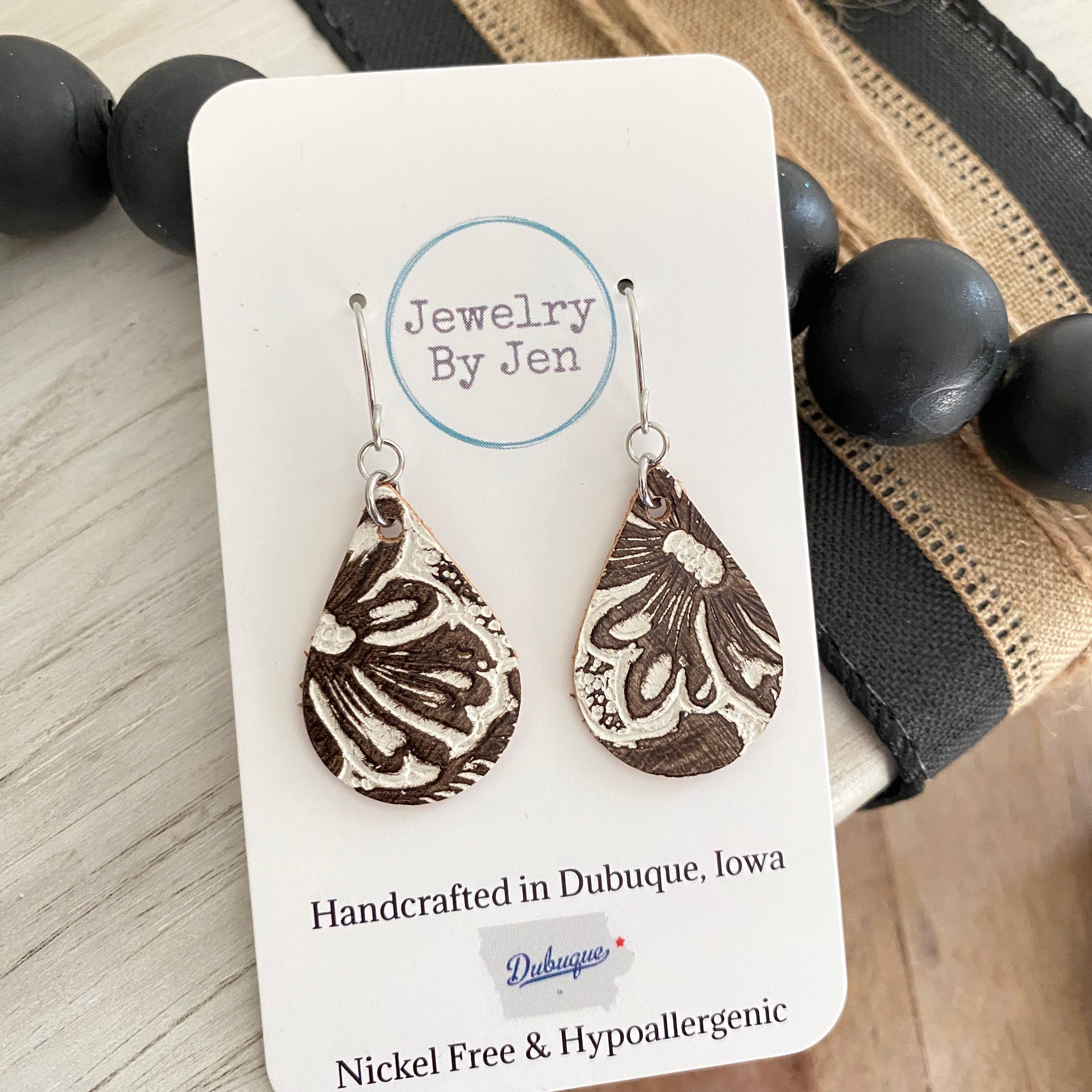 Jewelry By Jen - Wholesale Dangle Earrings - Small Teardrop Earrings: Cream & Brown Tooled2