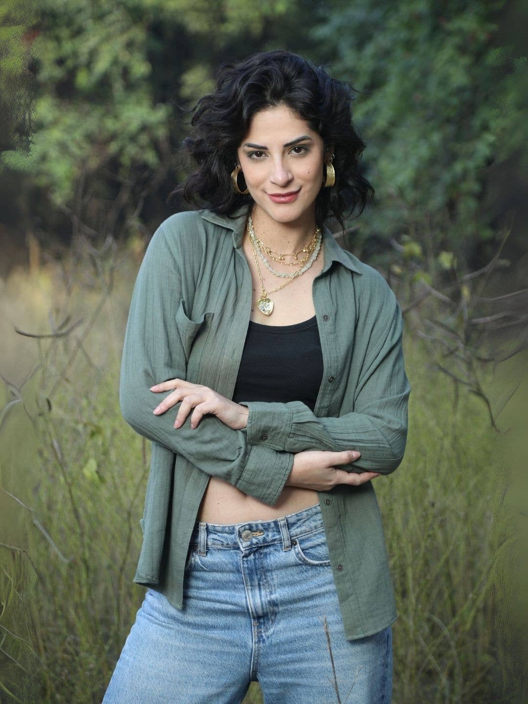 Boho Peace Sign Shirt in Olive Green – Double Gauze Cotton for wholesale on Faire4