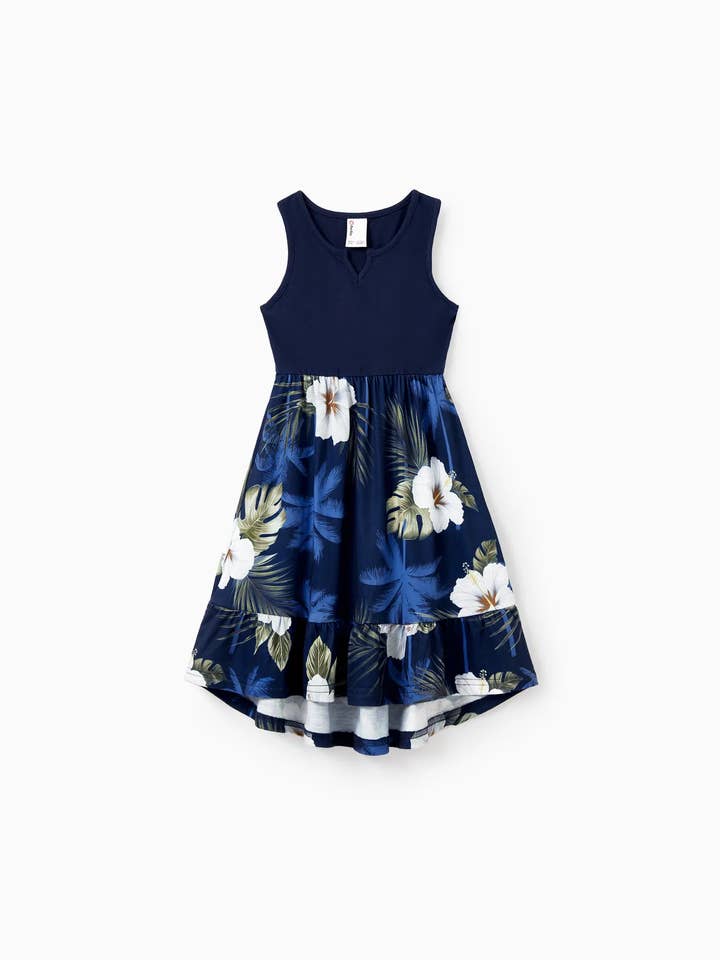 Deep Blue Family Matching Floral T-shirts or Splicing Sleeveless Dress for wholesale on Faire