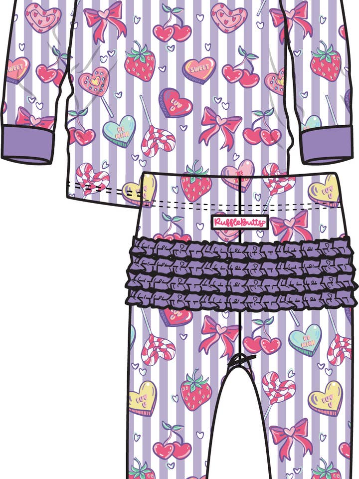 SoftSnooze™ Flickor Småbarn Bambusviskos Lolly Hearts Volang Långärmad Pyjamaset med Signatur Bakvolanger för wholesale av RuffleButts + RuggedButts