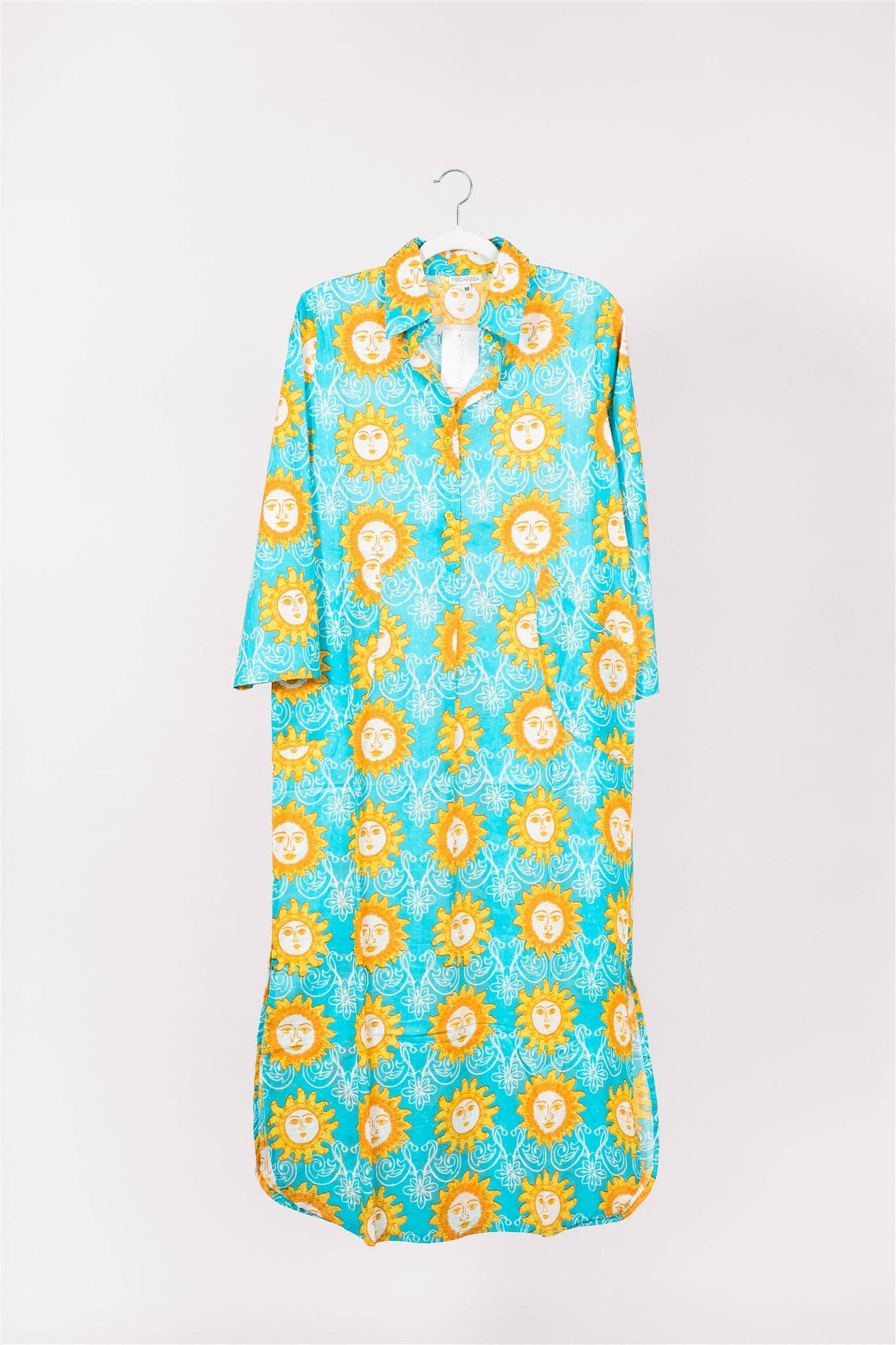 ModaPosa - Wholesale Dress - Women's - Gabriella Maxi Caftan Shirt Dress Aqua Blue Orange Spring0