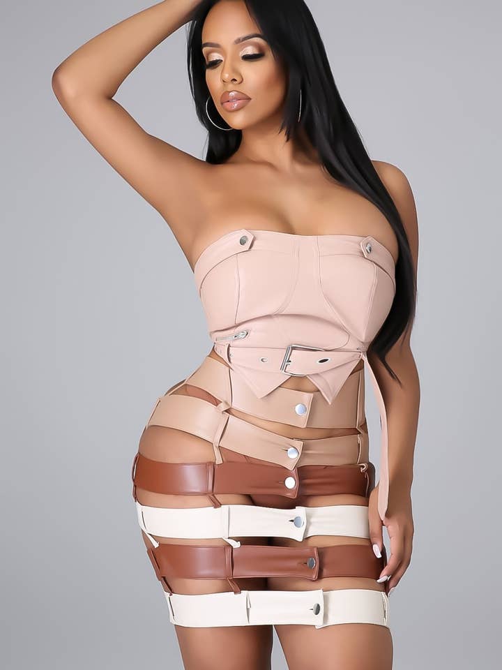Track Star Faux Leather Multi Belted Mini Skirt  (HDS27536) for wholesale by Hot & Delicious